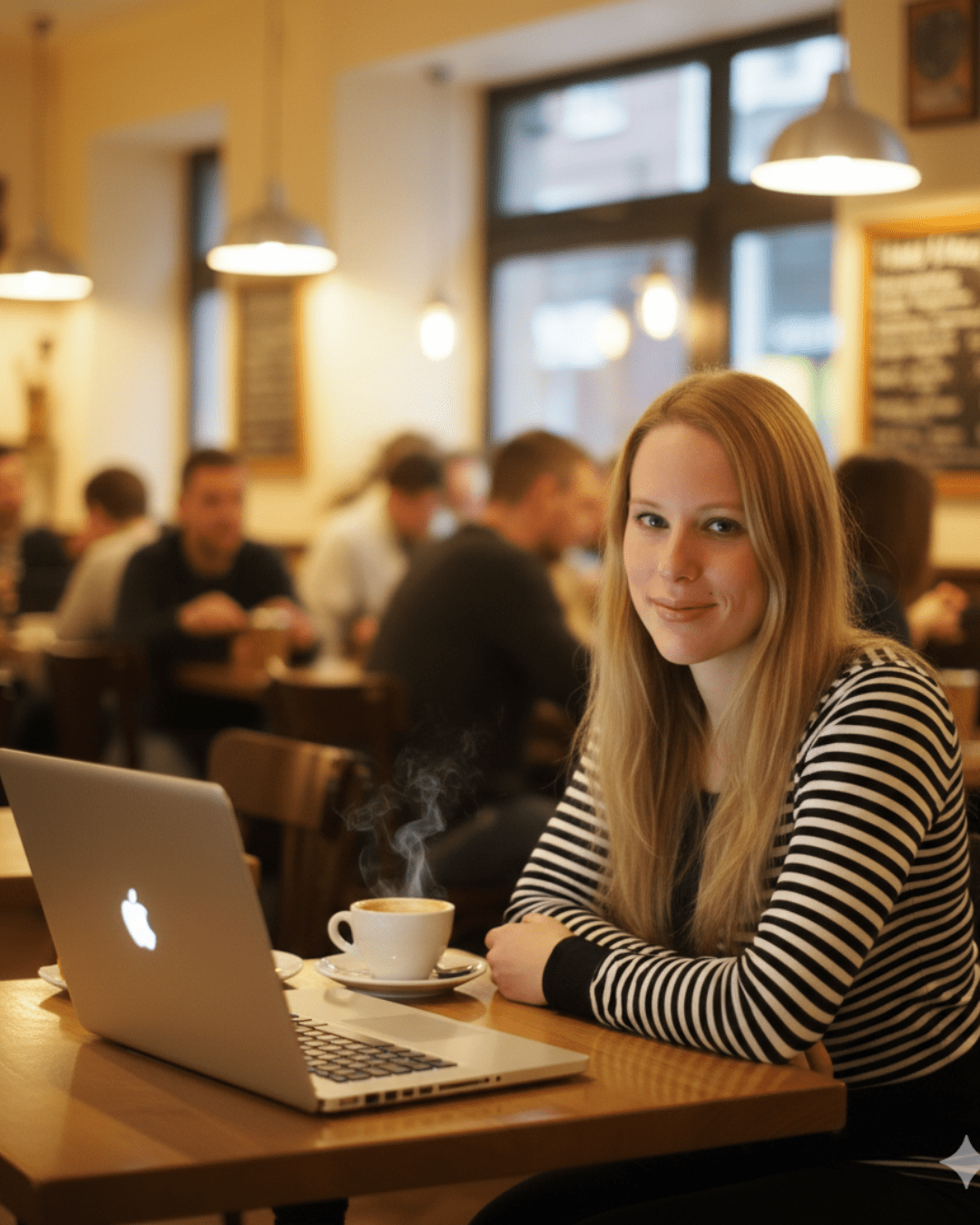 Hannah O’Neill working at her laptop in a café